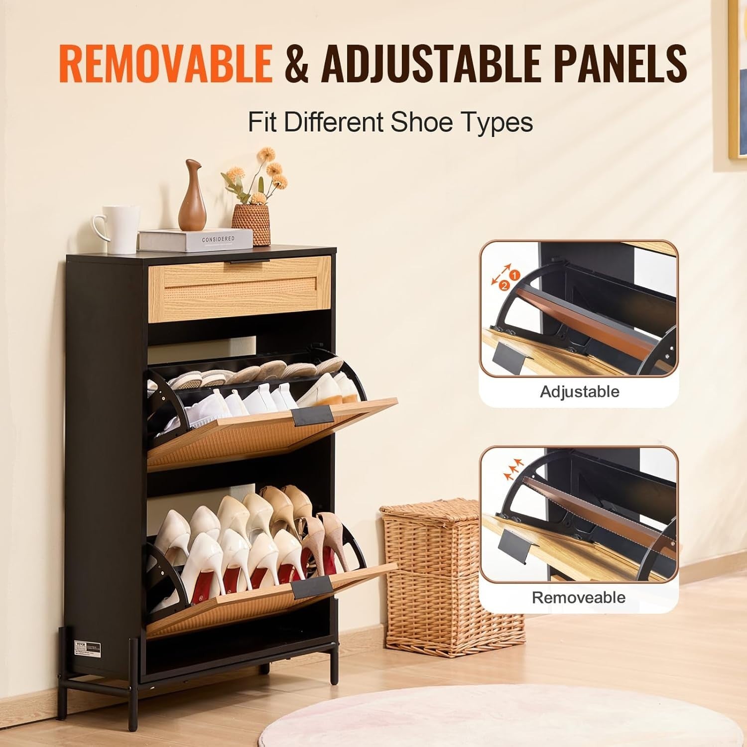 Narrow Rattan Shoe Cabinet with 2 Flip Drawers & Slide Drawer – Black