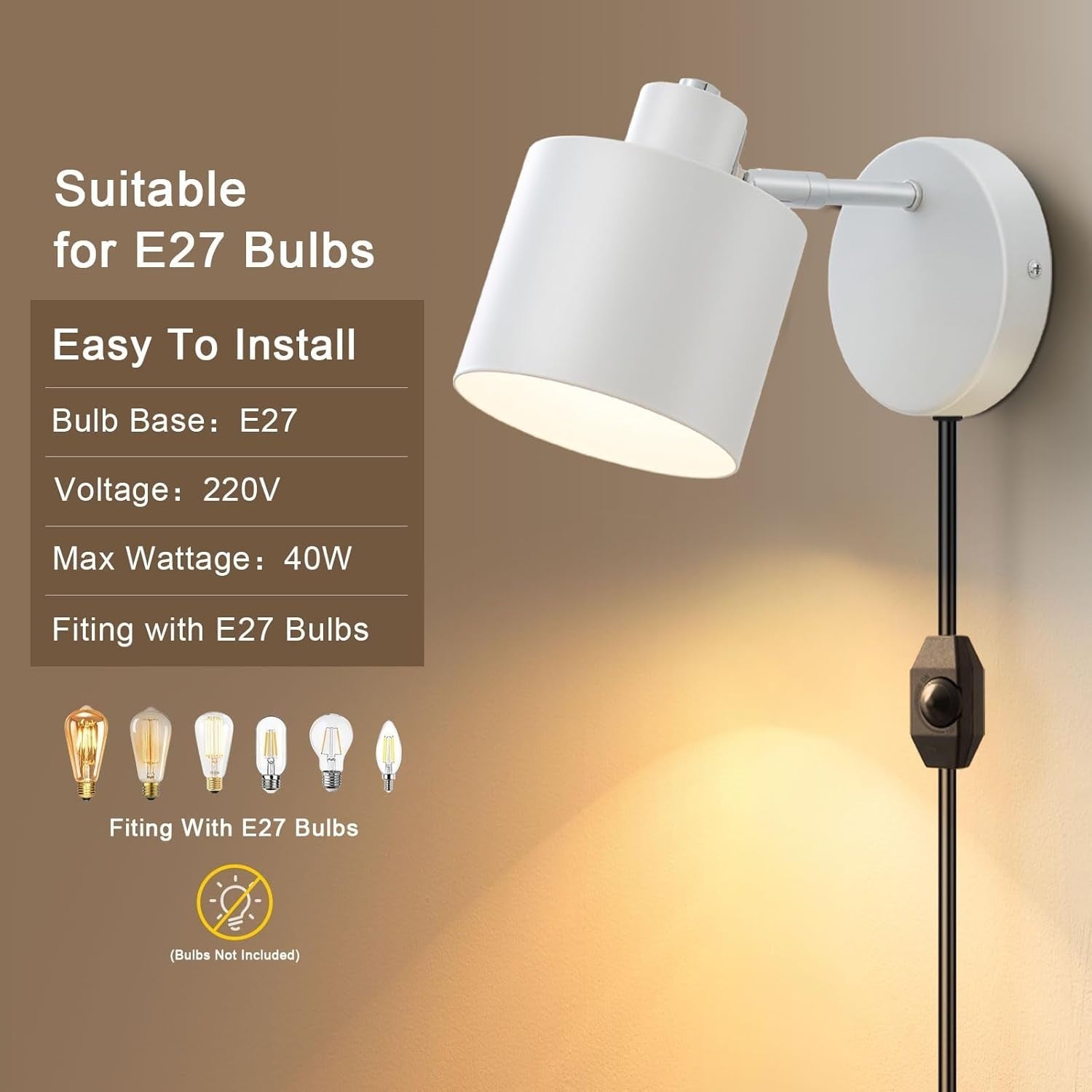 Dimmable Plug-in Wall Sconce Light, 360° Rotatable, Modern Metal Lamp