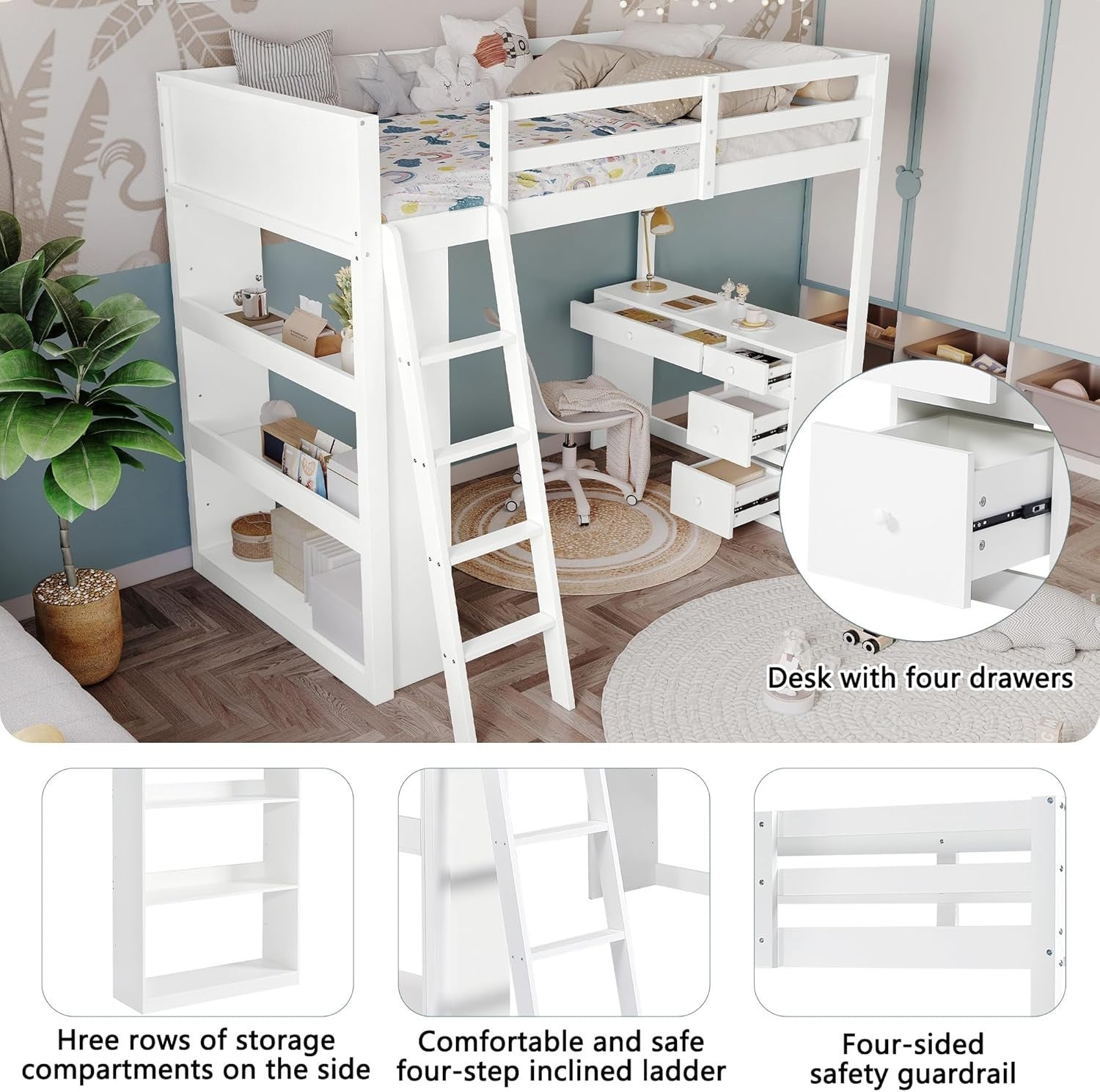 Loft Bunk Bed with Desk, 4 Drawers & Shelves, Kids 3FT White 90x190cm Bed