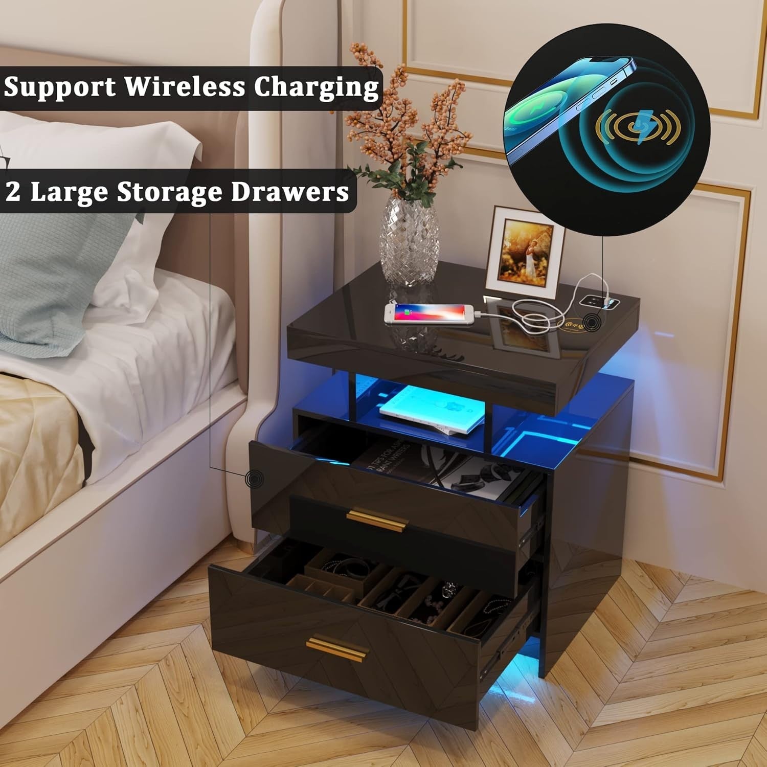 Modern Black LED Bedside Table with Wireless Charging | 2 Drawer Nightstand