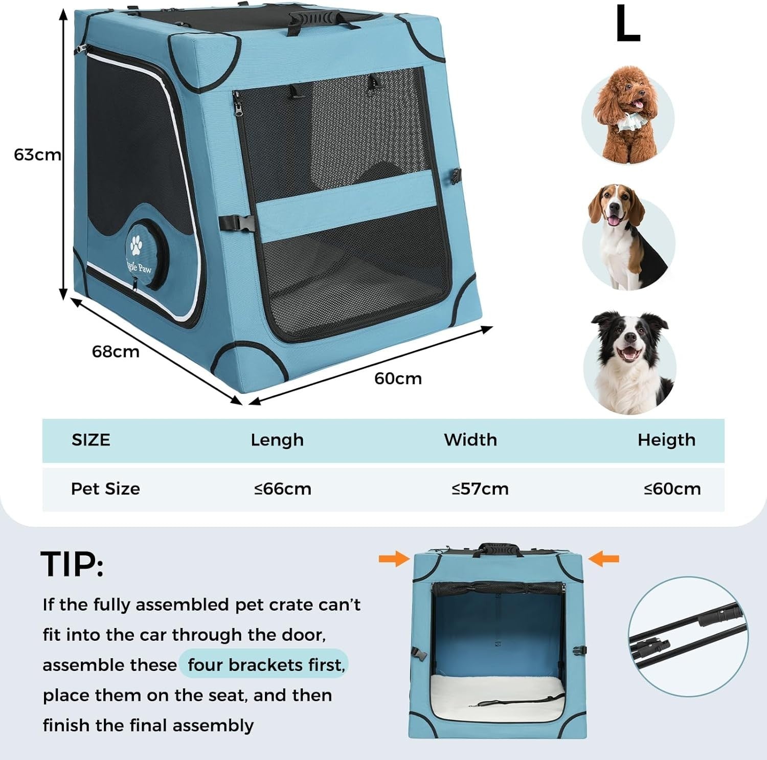 Portable Dog Crate for Car Travel Metal Frame Pet Carrier Foldable Blue