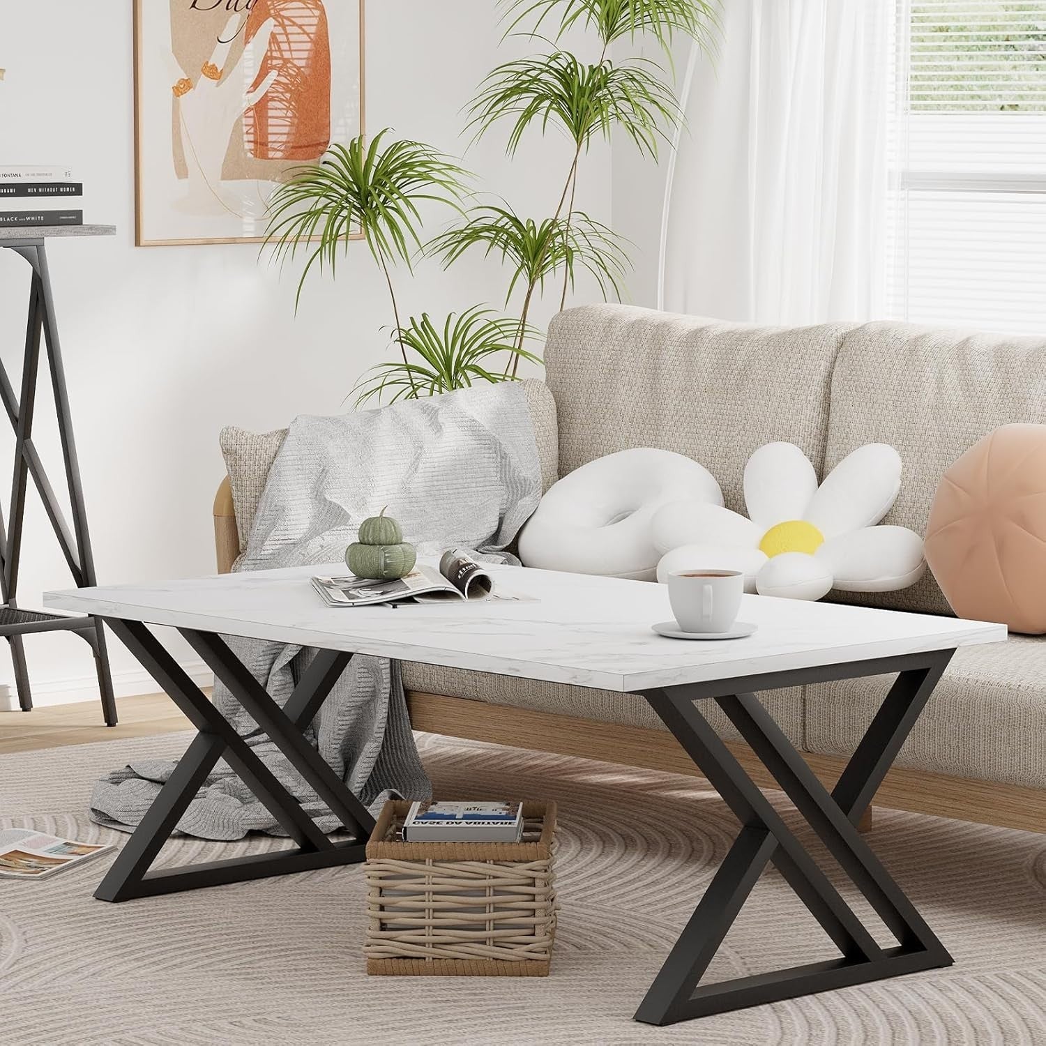 Modern Black Gold Coffee Table Rectangular Room Table Open Storage.