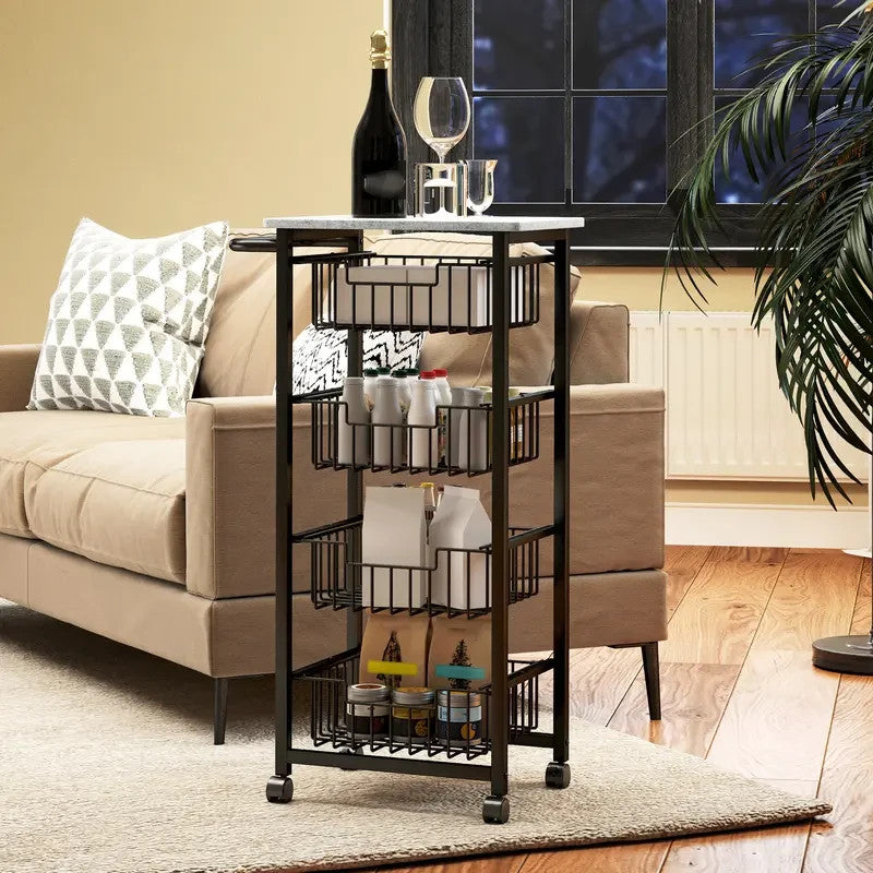 Mobile Kitchen Island Trolley with 4 Mesh Drawers & Marble Top