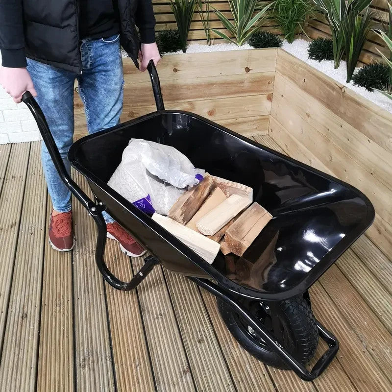 90L Black Metal Wheelbarrow 150kg | Heavy Duty Pneumatic Tyre Trolley