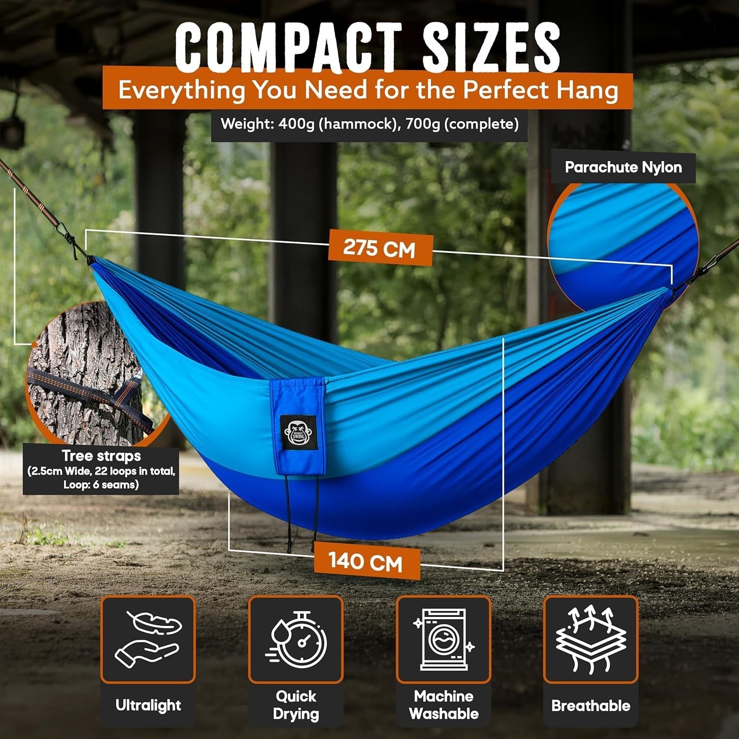Ultralight Camping Hammock Blue | 300kg Load, Tree Straps & Carabiners