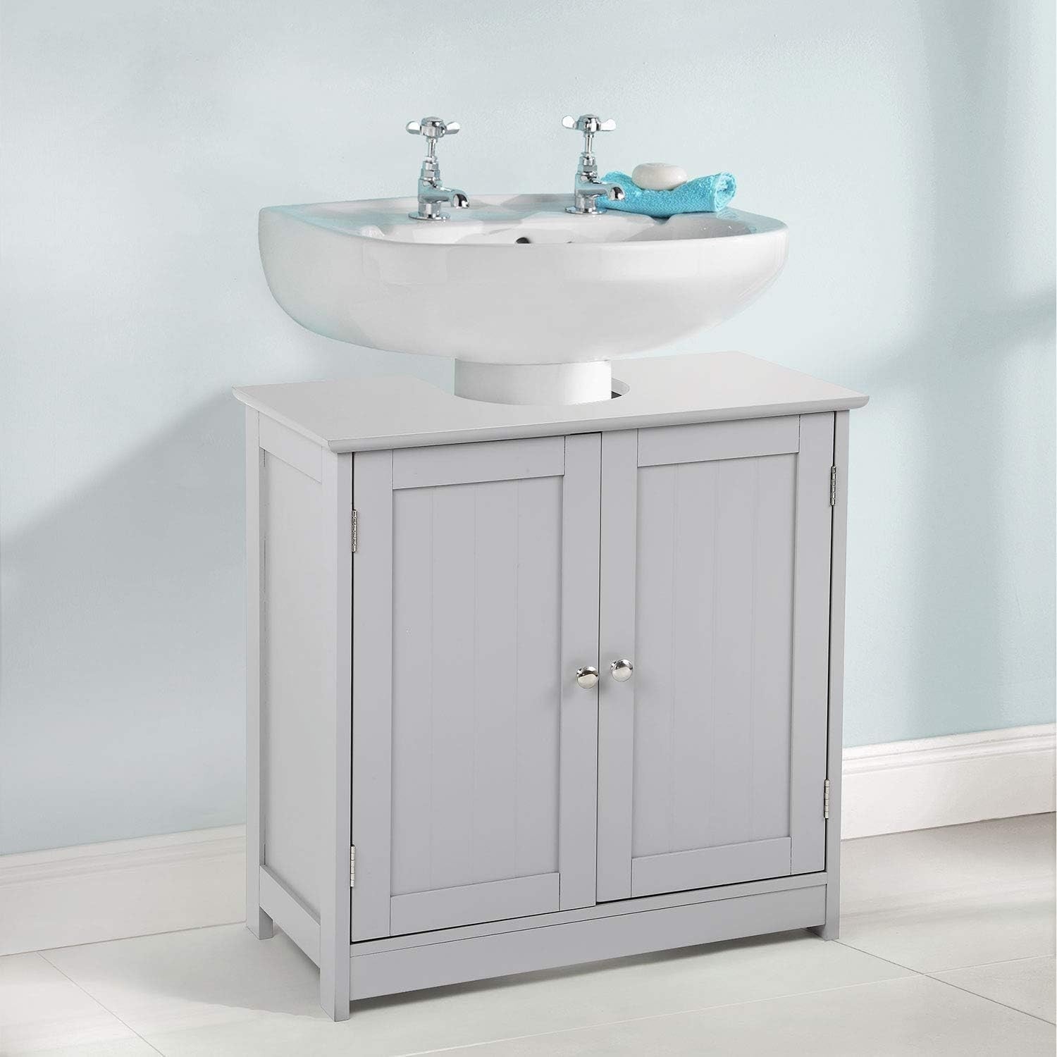Grey Under Sink Bathroom Cabinet – 2 Door Vanity Storage Cupboard 60x30x60cm