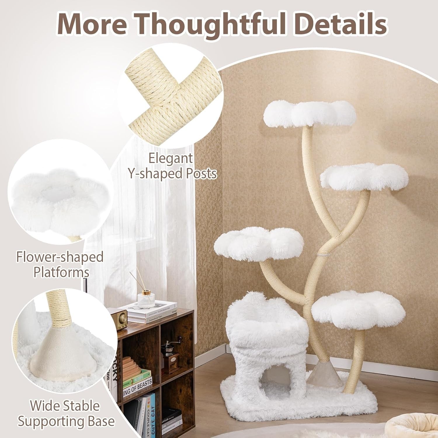 162cm White Cat Tree Flower Platforms Condo Sisal Scratching Tower Indoor