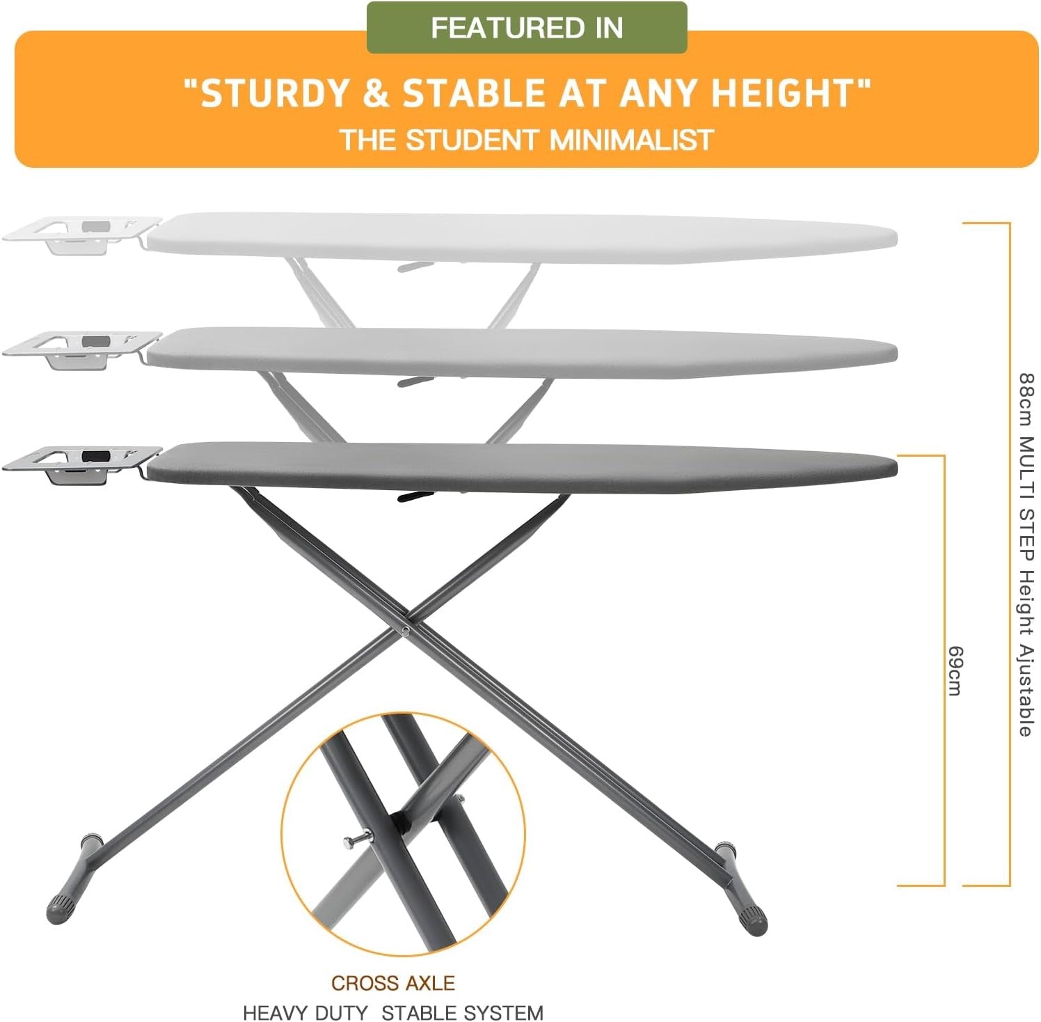 Full Size Ironing Board 131x33cm Adjustable Height Heat Resistant Cover