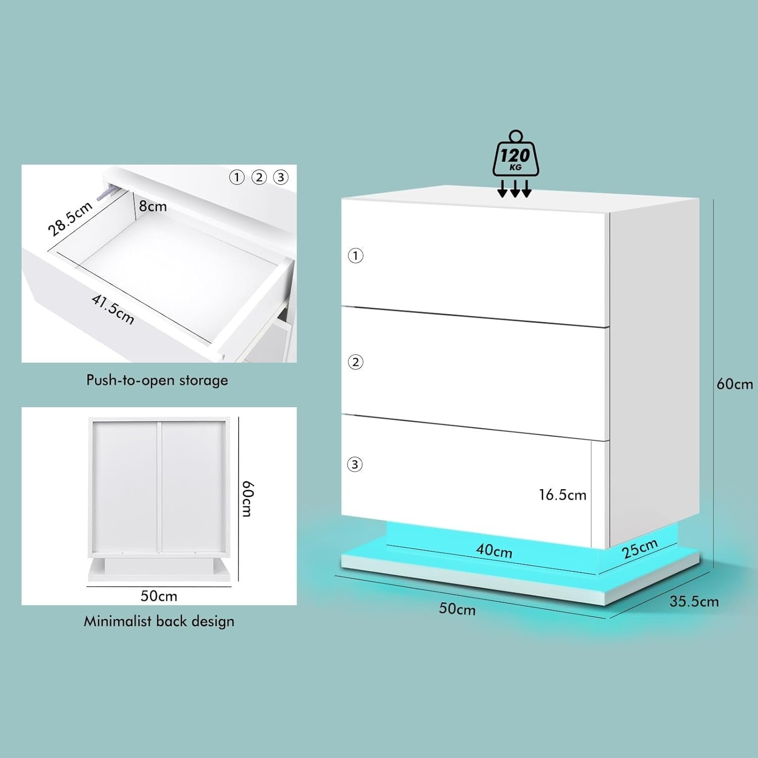 LED Bedside Table with 3 Drawers & RGB Lights | Modern High Gloss Nightstand