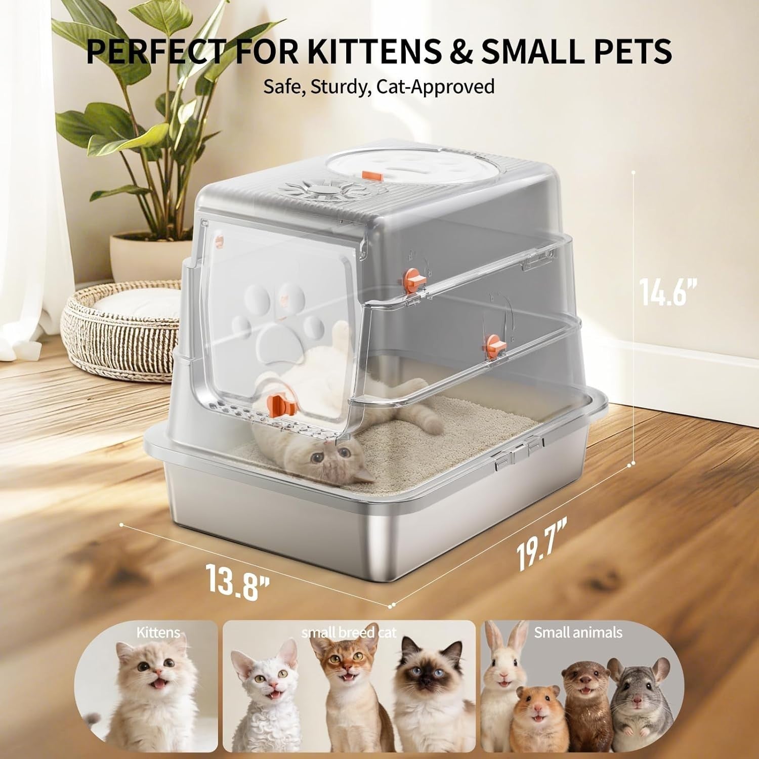 Stainless Steel Cat Litter Box Covered High Sided Odor Control Grey