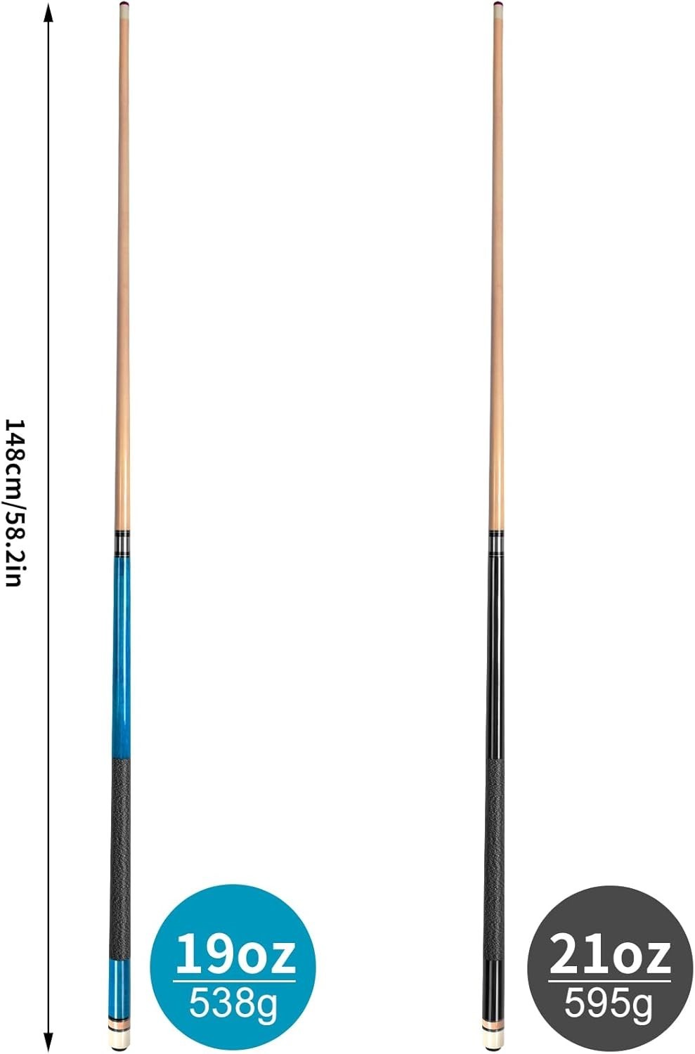 58in Pool Cue Set 2 Sticks 13mm Tip Maple 19oz & 21oz Linen Grip