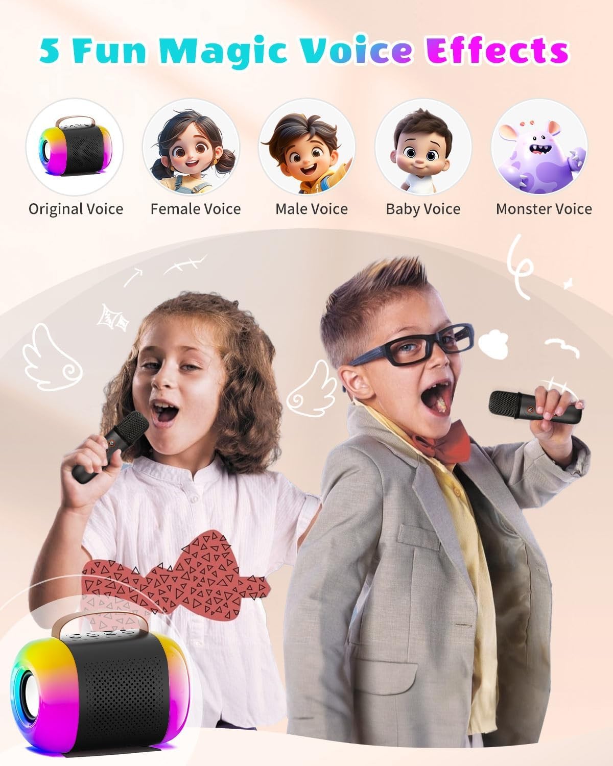 Black Mini Karaoke Machine 1 Wireless Mic Bluetooth LED Voice Changer