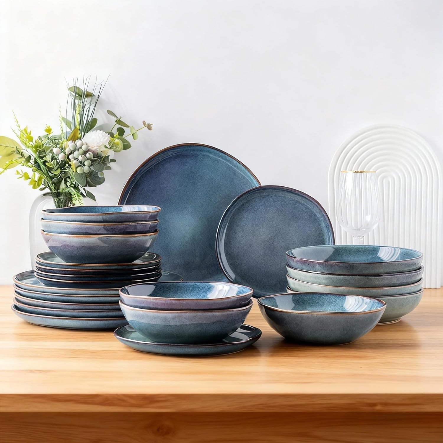 18pc Stoneware Dinnerware Set Blue Reactive Blue Plates Bowls Dishwasher Safe