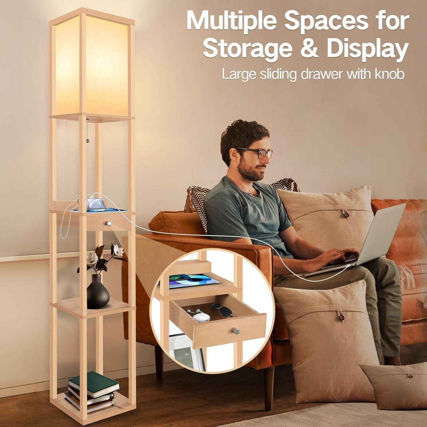 Floor Lamp with Shelves USB Charging Drawer LED Standing Storage Light