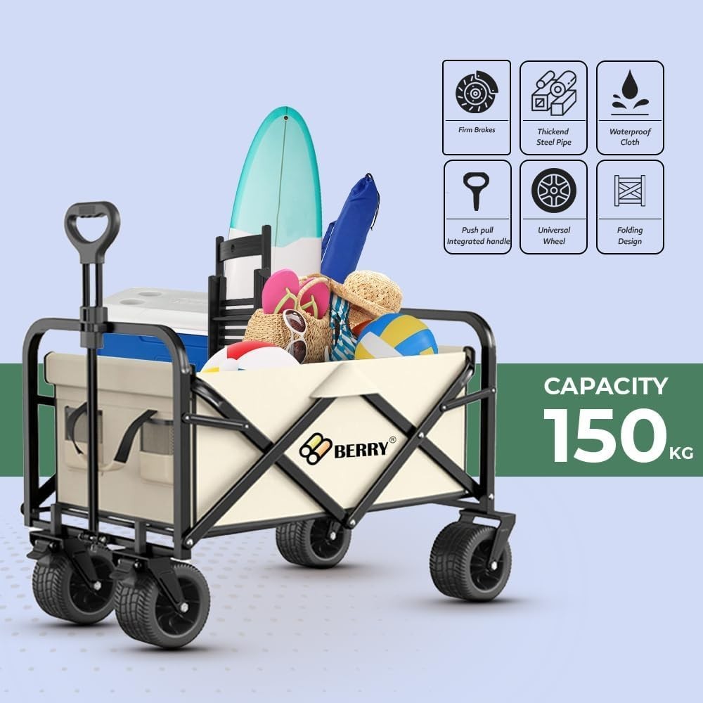 Beige 150L Heavy Duty Folding Festival Trolley 330lbs Camping Beach Wagon Cart