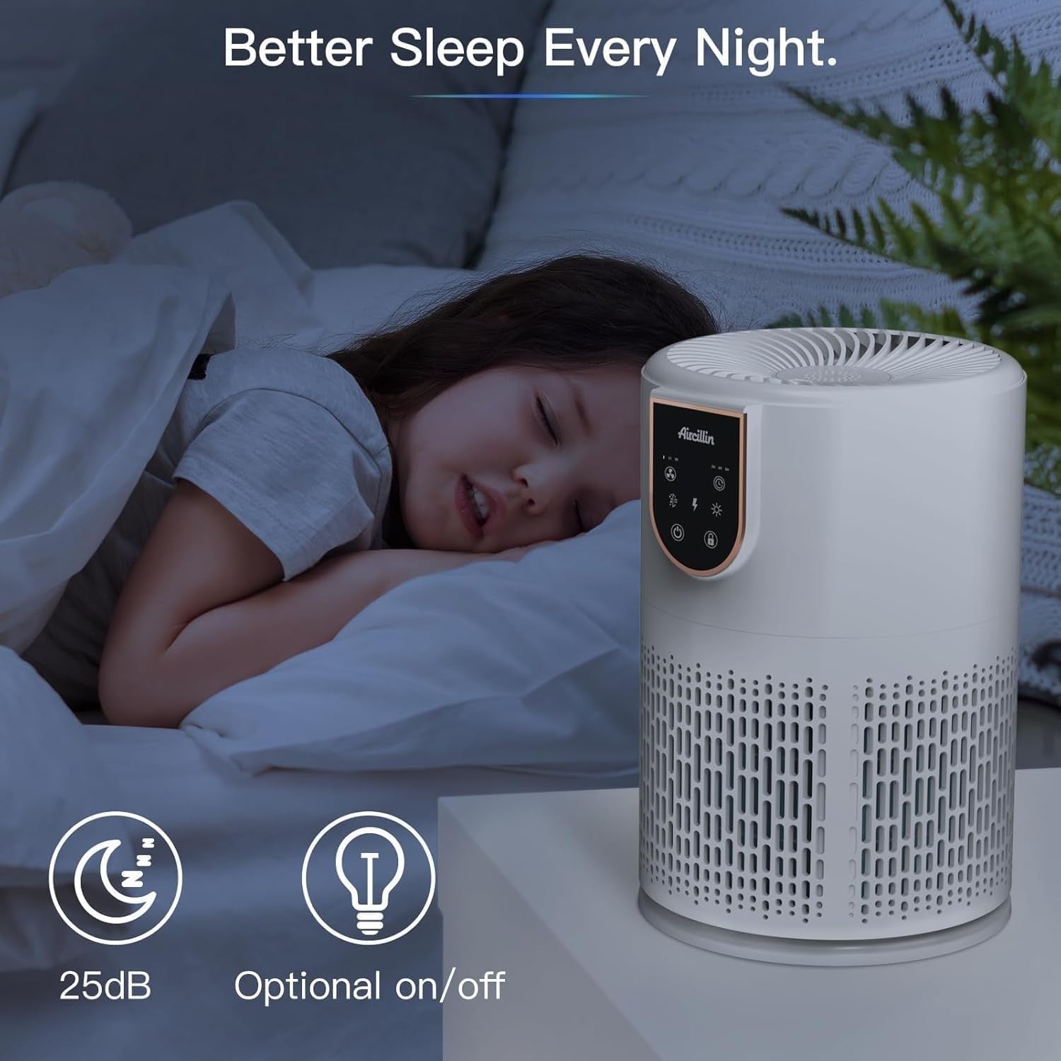 Bedroom Air Purifier H13 HEPA 5 Stage Quiet 25dB Pet Odor Smoke