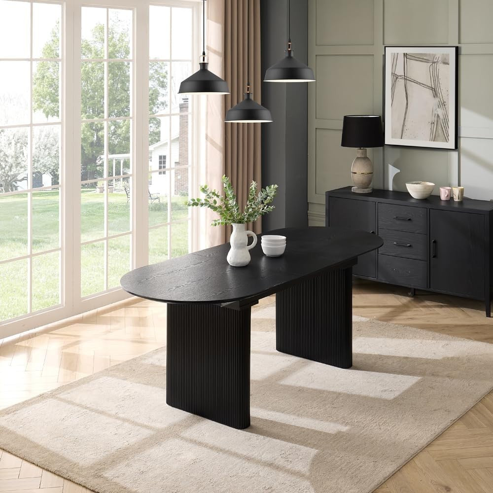 Extending Black Wooden Dining Table 6 Seater Oval Modern Space Saving