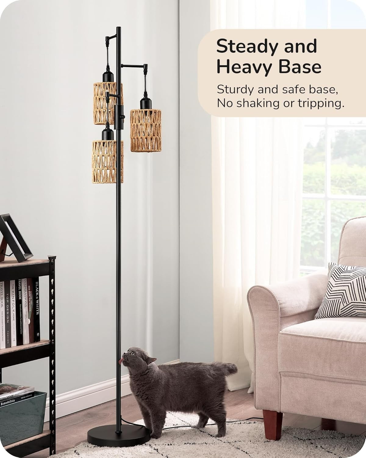 Dimmable Boho Floor Lamp with 3 LED Bulbs & Rope Cage Shades