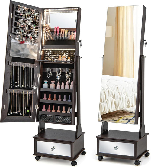 Coffee LED Jewelry Armoire Mirror Lockable Rolling Storage Cabinet