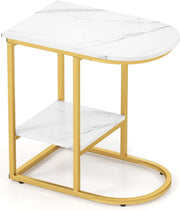 Modern Faux Marble C-Shaped Side Table with Storage Shelf – White & Gold Nightst
