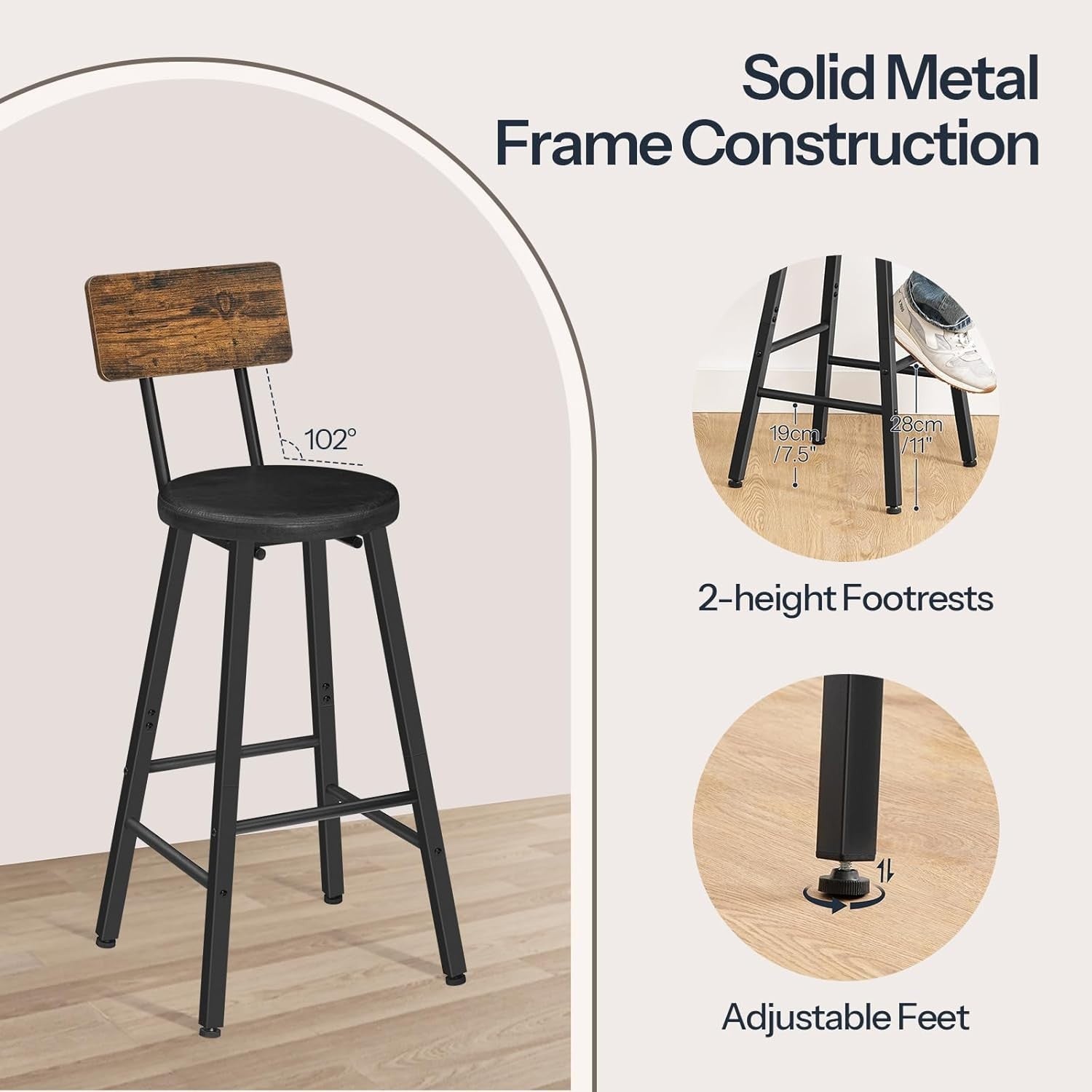 PU Upholstered Bar Stool Set of 2 | Ergonomic Counter Height 97cm