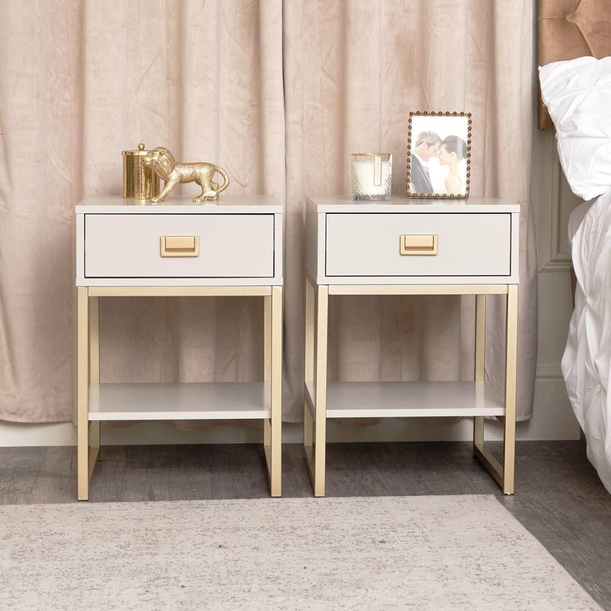 Modern Gold Frame Bedside Tables with Drawer & Shelf – Taupe Beige Pair