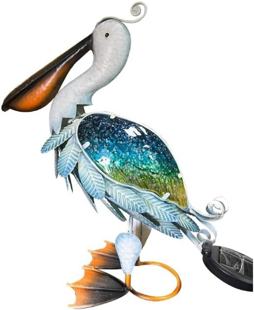 Solar Pelican Garden Ornament Metal LED Light Outdoor Patio Decor 17" Coastal