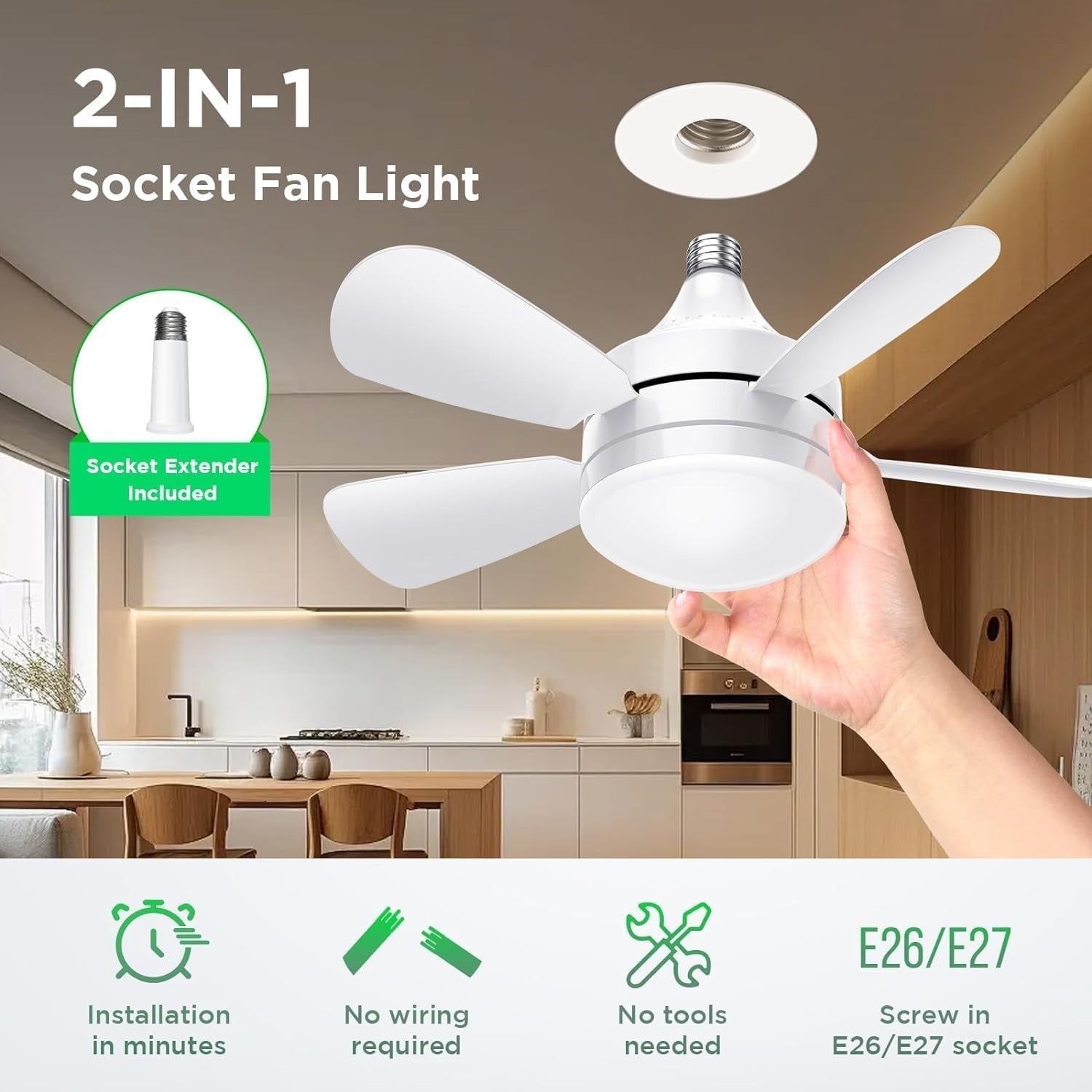 BOBOPAI Small Ceiling Fan with Light, 3 Retractable Blades, 3 Speeds, LED