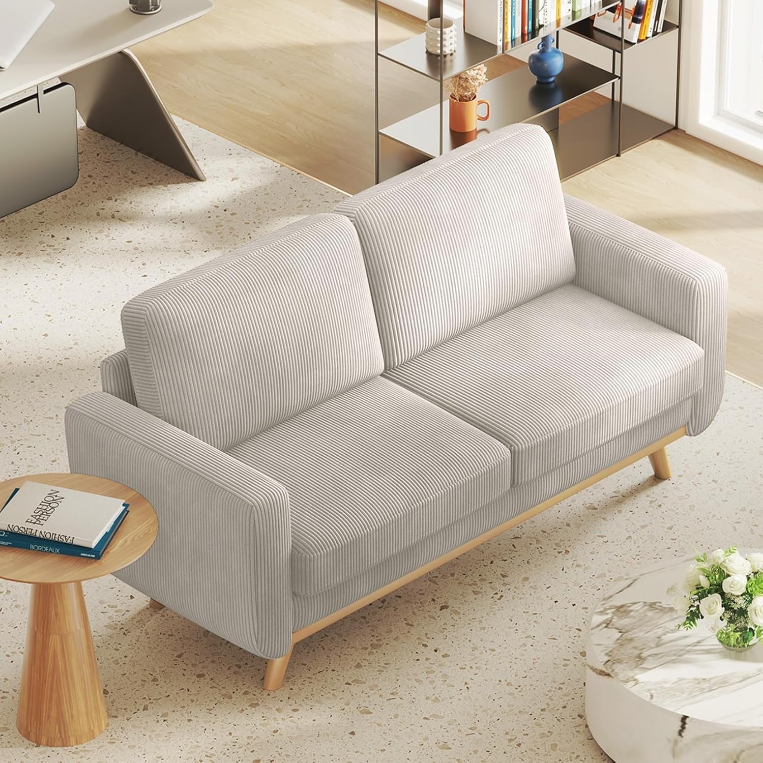 Grey Corduroy 2 Seater Sofa 172cm Deep Seat Solid Wood Frame Spring Cushions
