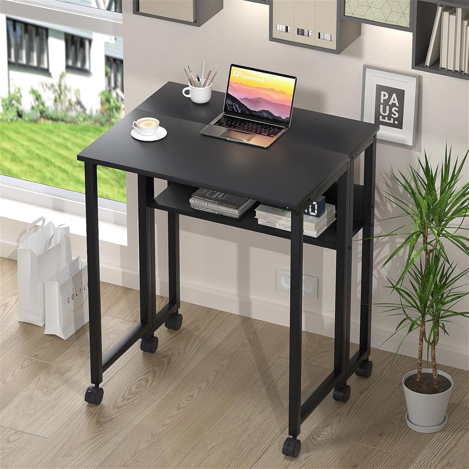 Compact Folding Computer Desk on Wheels with Storage Shelf Space Saving