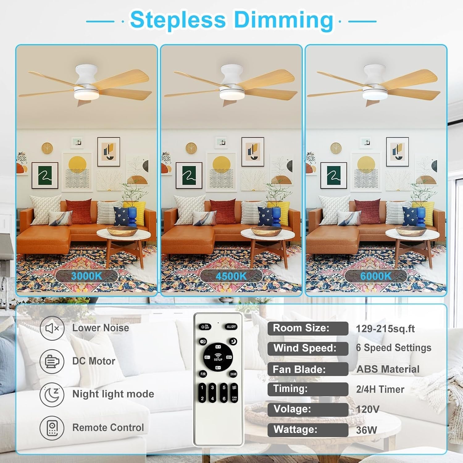 42-Inch Ceiling Fan with Light 5 Blades 6 Speeds Remote Timer