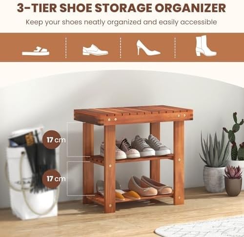 3-Tier Acacia Wood Shoe Rack Bench – Hallway Entryway Storage Seat