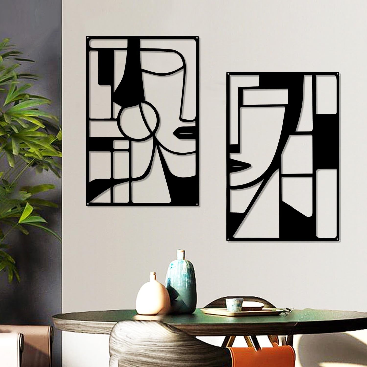 Black Metal Face Wall Art Set 2 Piece Modern Geometric Minimalist Decor
