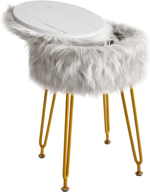 Grey Faux Fur Round Vanity Stool with Storage – Soft Ottoman Seat & Metal Legs