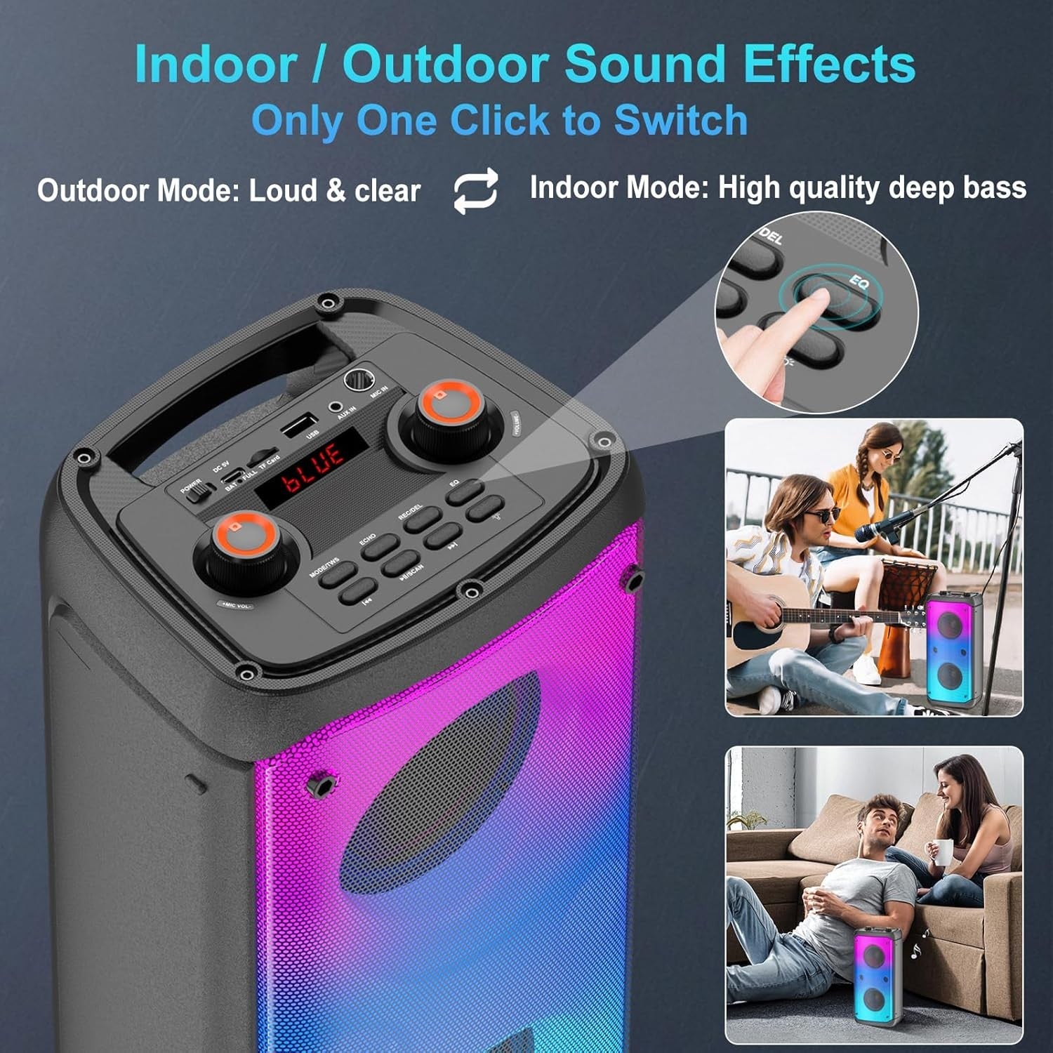 Karaoke Machine Bluetooth PA Speaker 2 Wireless Mics LED