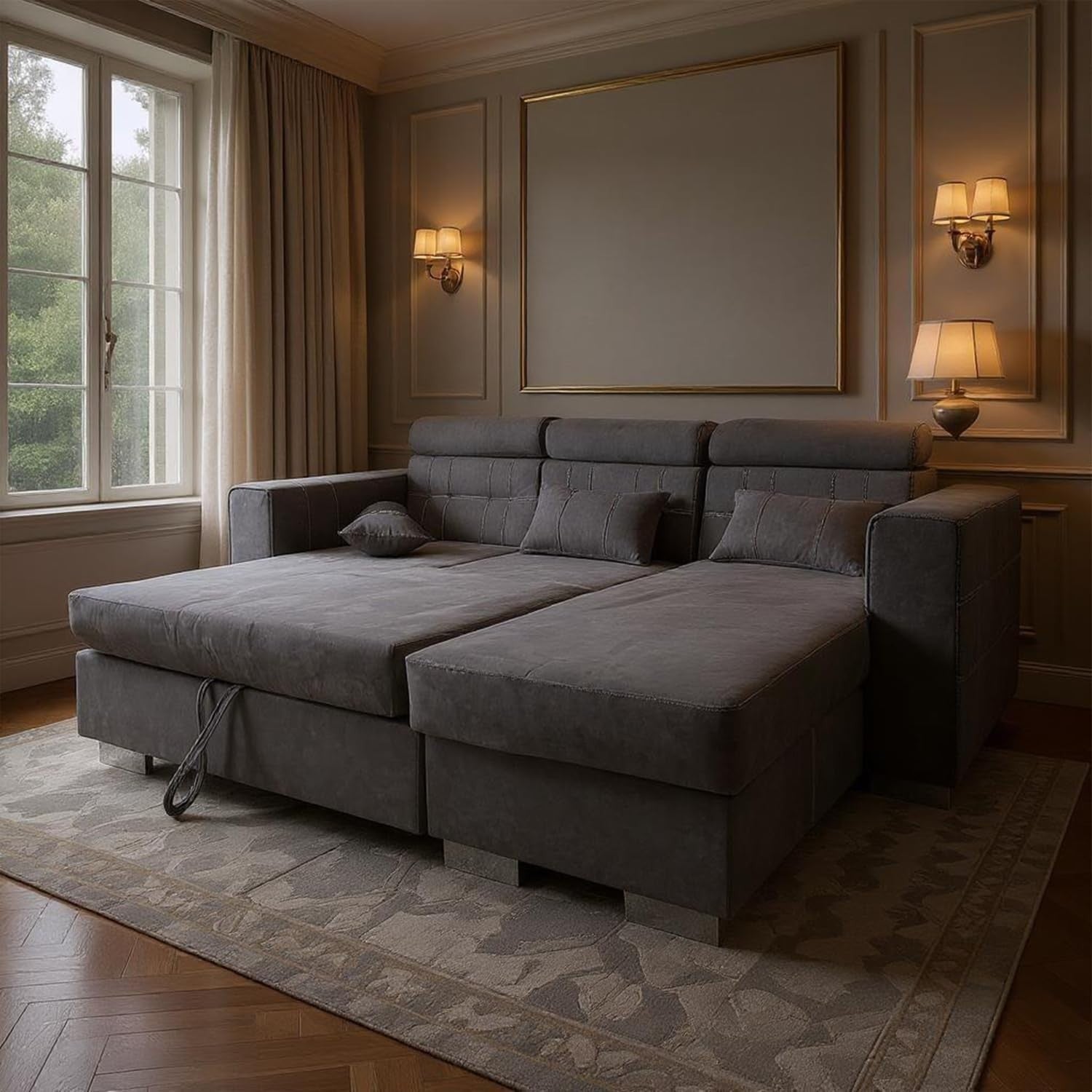 Grey Velvet L Shaped Sofa Bed w/ Storage Pull-Out 3 Seater Reversible