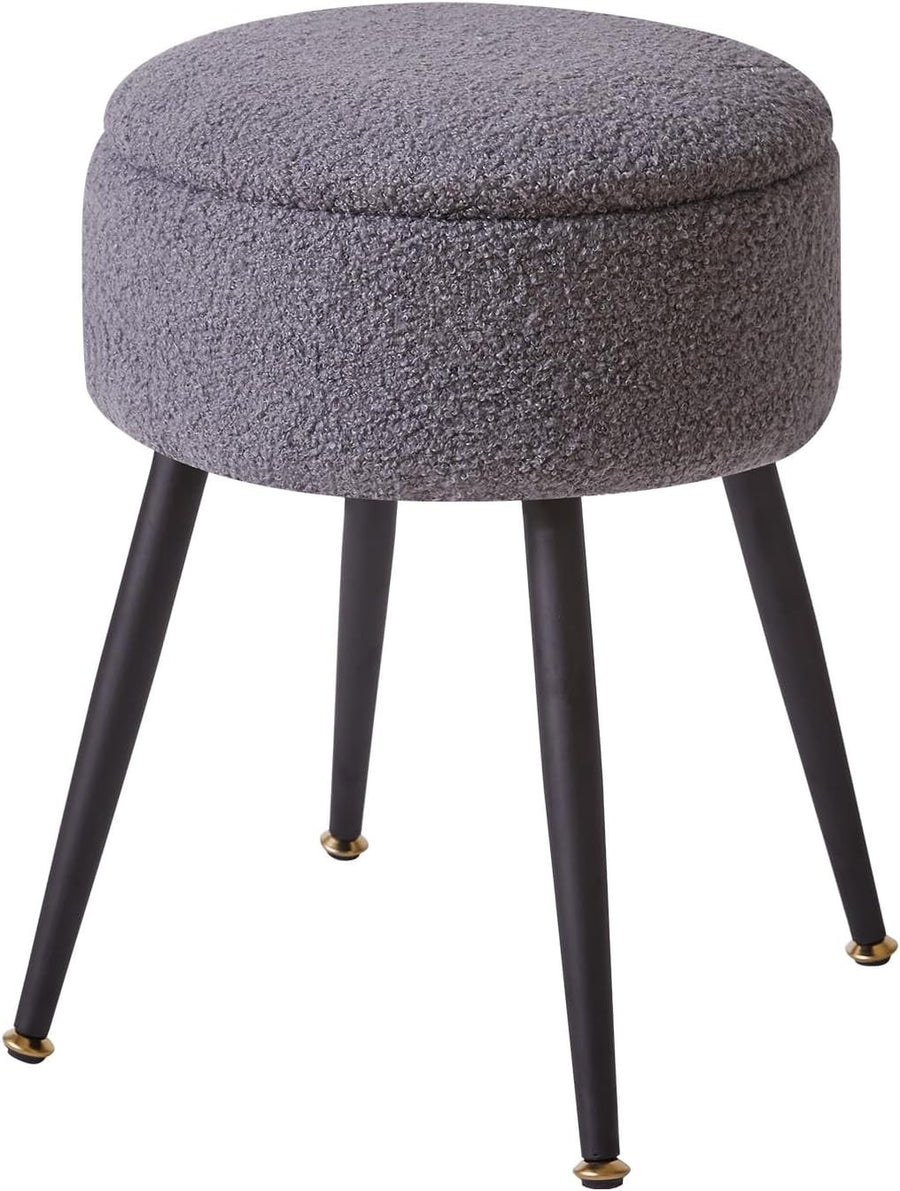 Grey Teddy Fur Vanity Stool with Storage – Round Ottoman Chair with Metal Legs