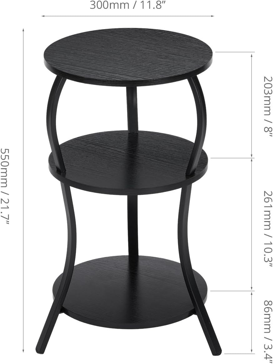Black 3-Tier Round Side Table 30x30x55 cm | Slim End Table w/ Storage