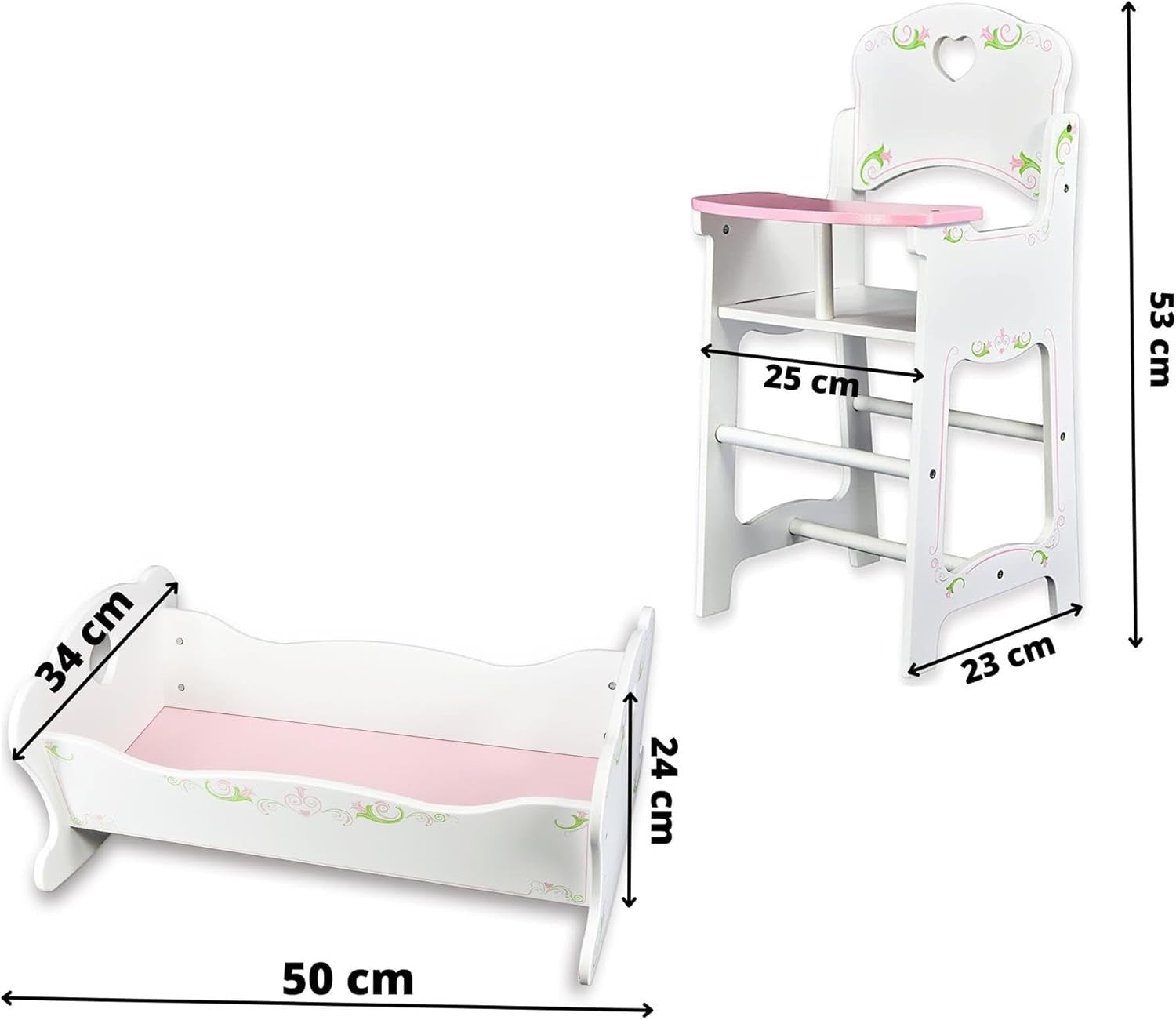 Wooden Doll Cradle & Highchair Kids Play Furniture Set Role Play Gift