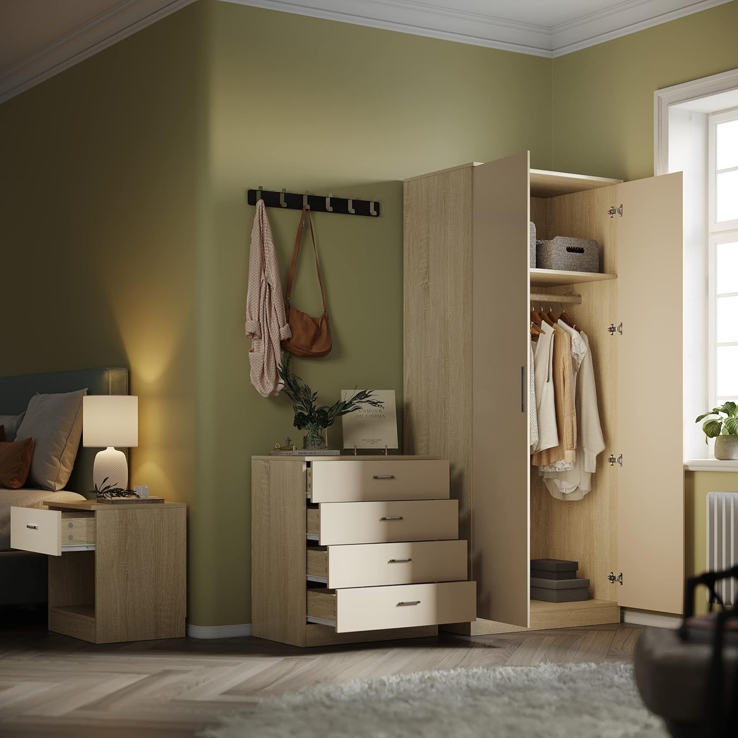 Cream Oak 2 Door Wardrobe Soft Close Hinge High Gloss Storage 178cm