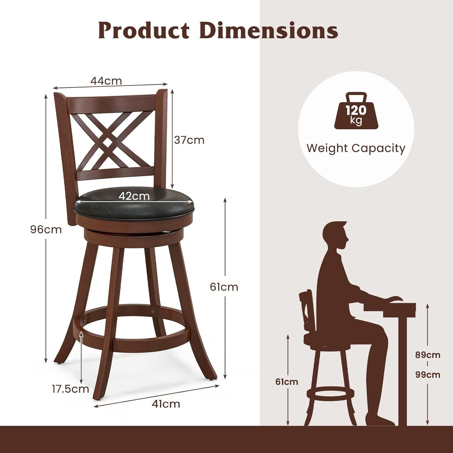 Espresso Black Swivel Bar Stools Set of 2 – Rubber Wood Counter Chairs 96 cm