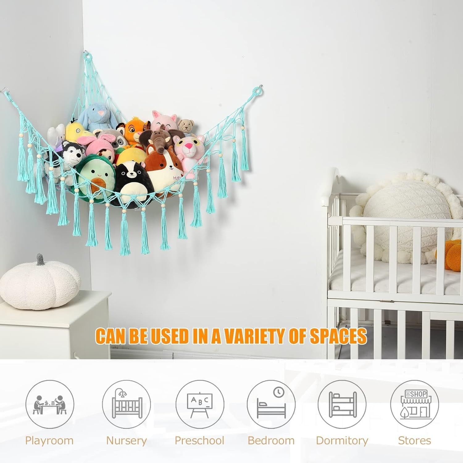 Green Macrame Toy Hammock – Soft Plush Animal Storage Net – Boho Kids Room