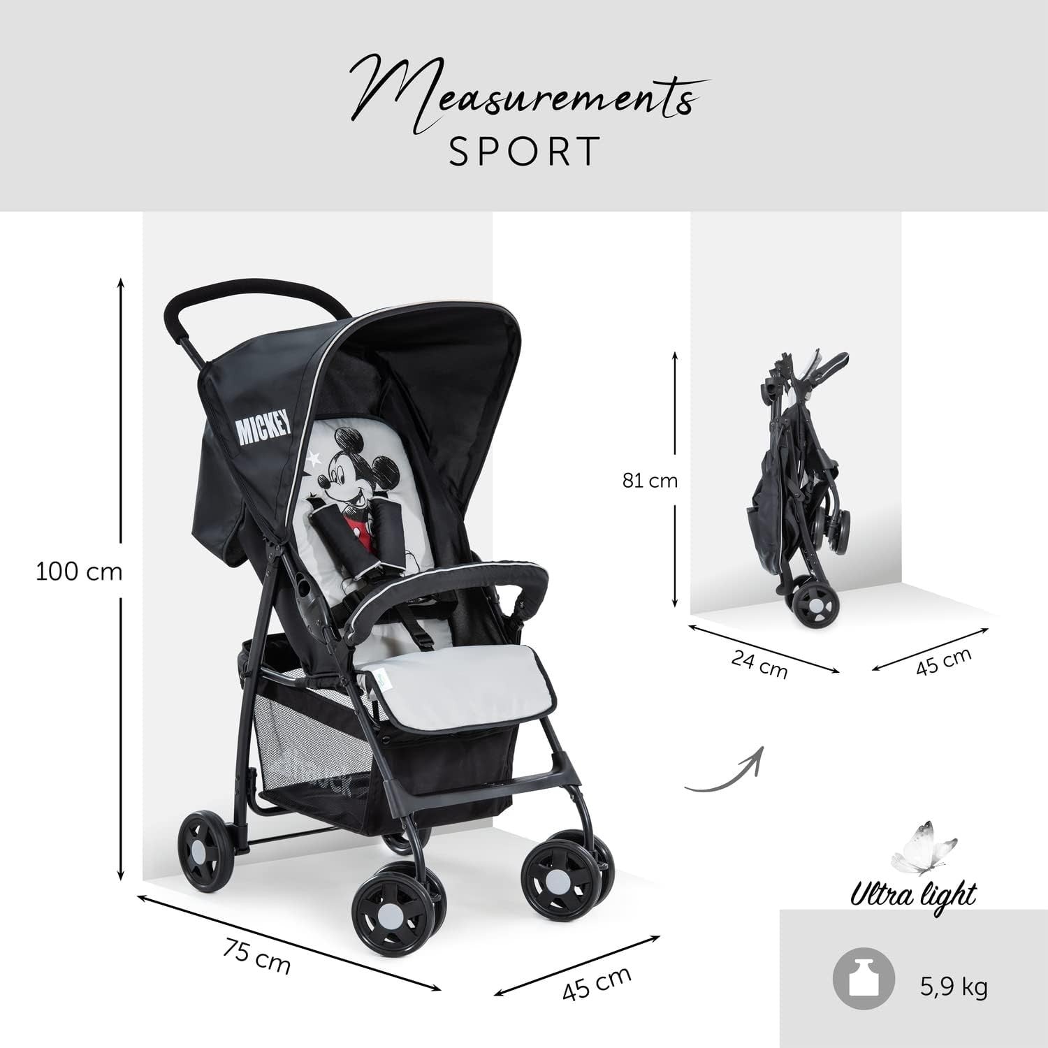 Mickey Stars Travel Pushchair Ultra Lightweight 5.9kg Compact Fold Buggy