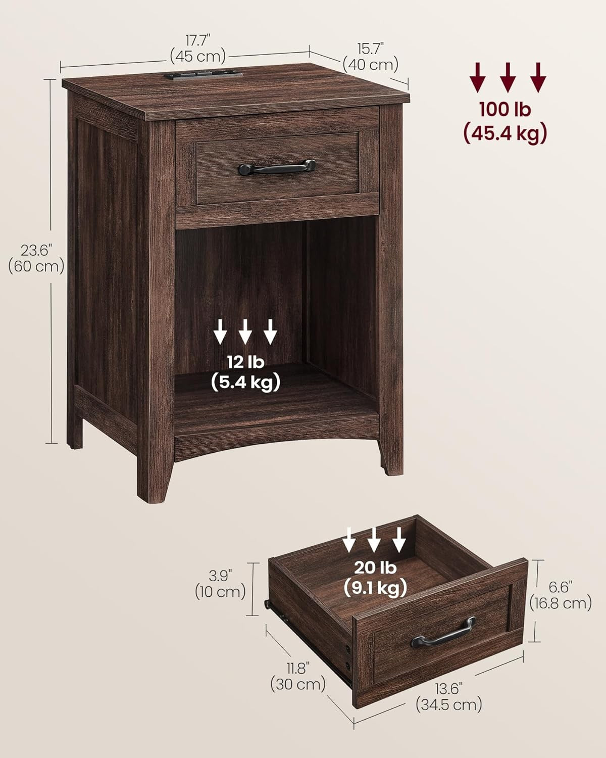 Farmhouse Bedside Table with Charging Station, Drawer & Open Shelf – Maroon Brow