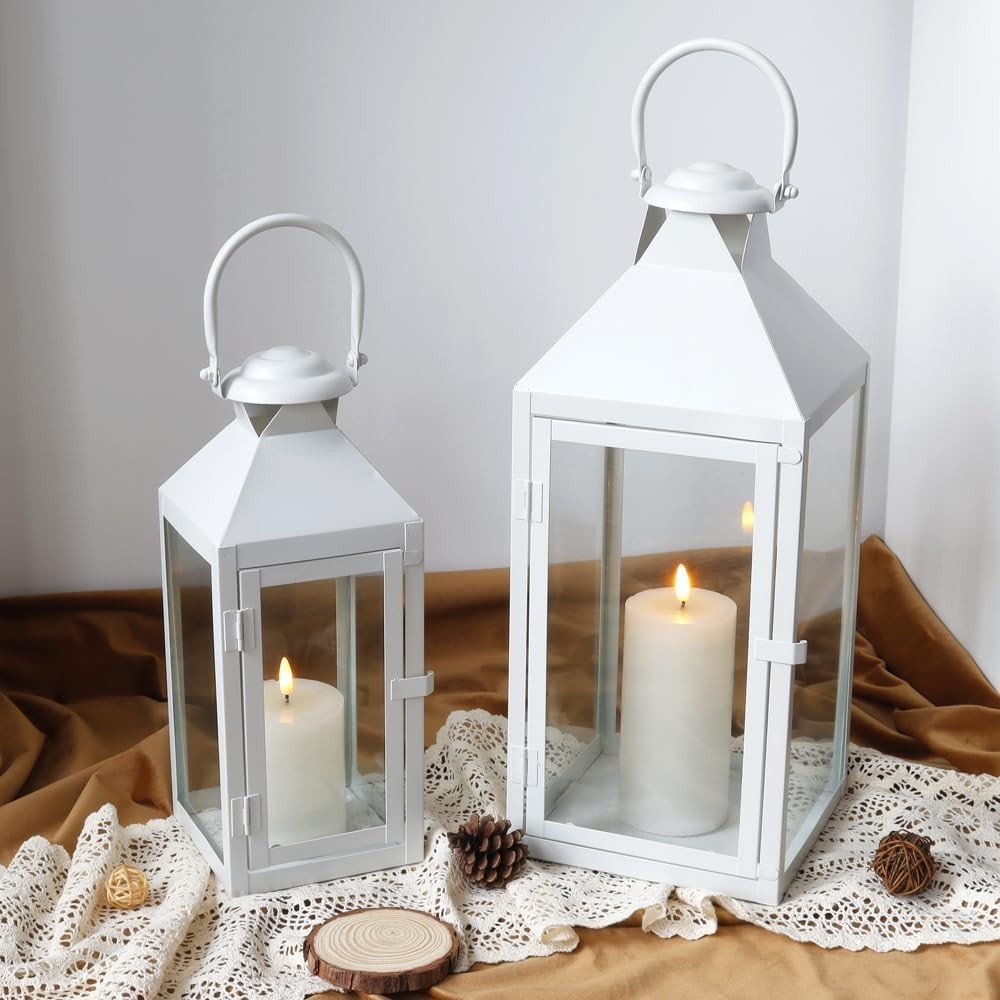 Set of 2 Cream Metal Candle Lanterns Indoor Outdoor