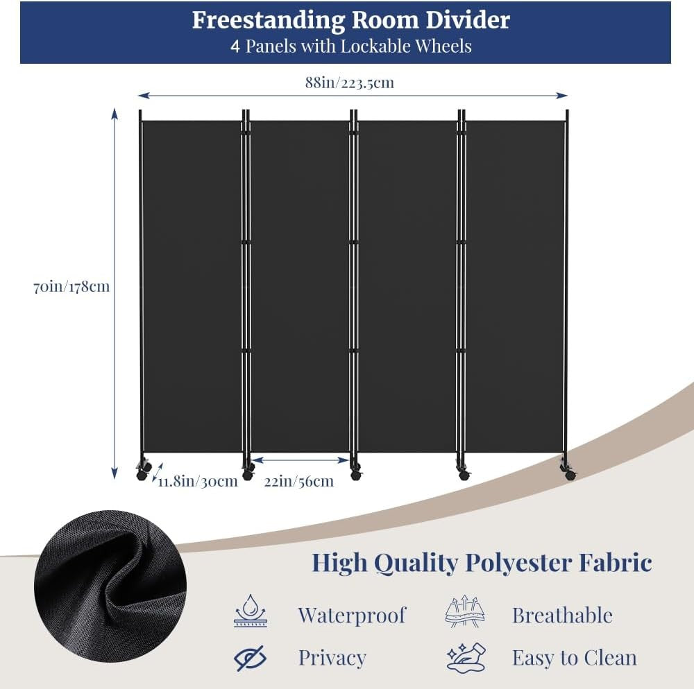 4 Panel Black Folding Room Divider with Lockable Wheels 223x178cm