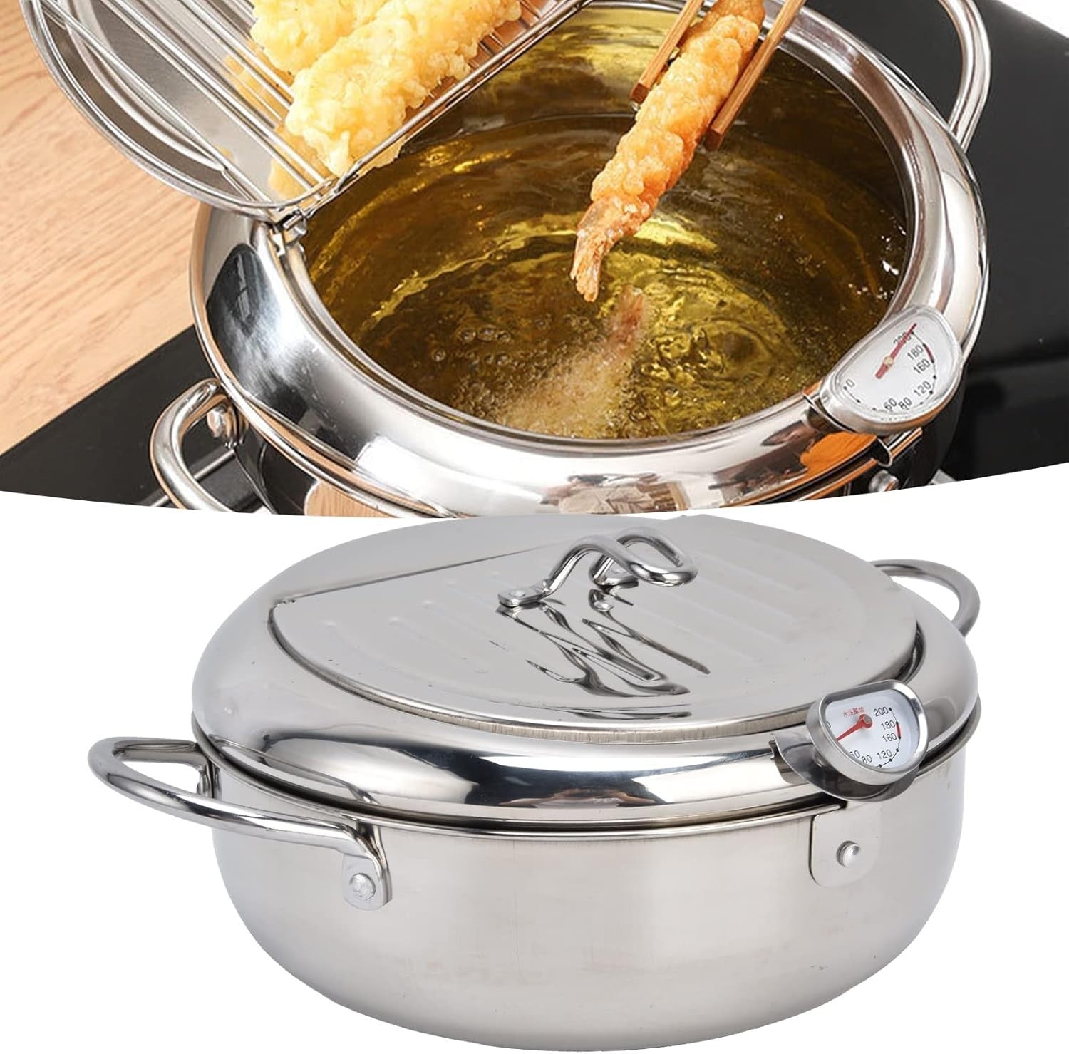 Stainless Steel Tempura Fryer Pot w Thermometer Lid Oil Drip Rack