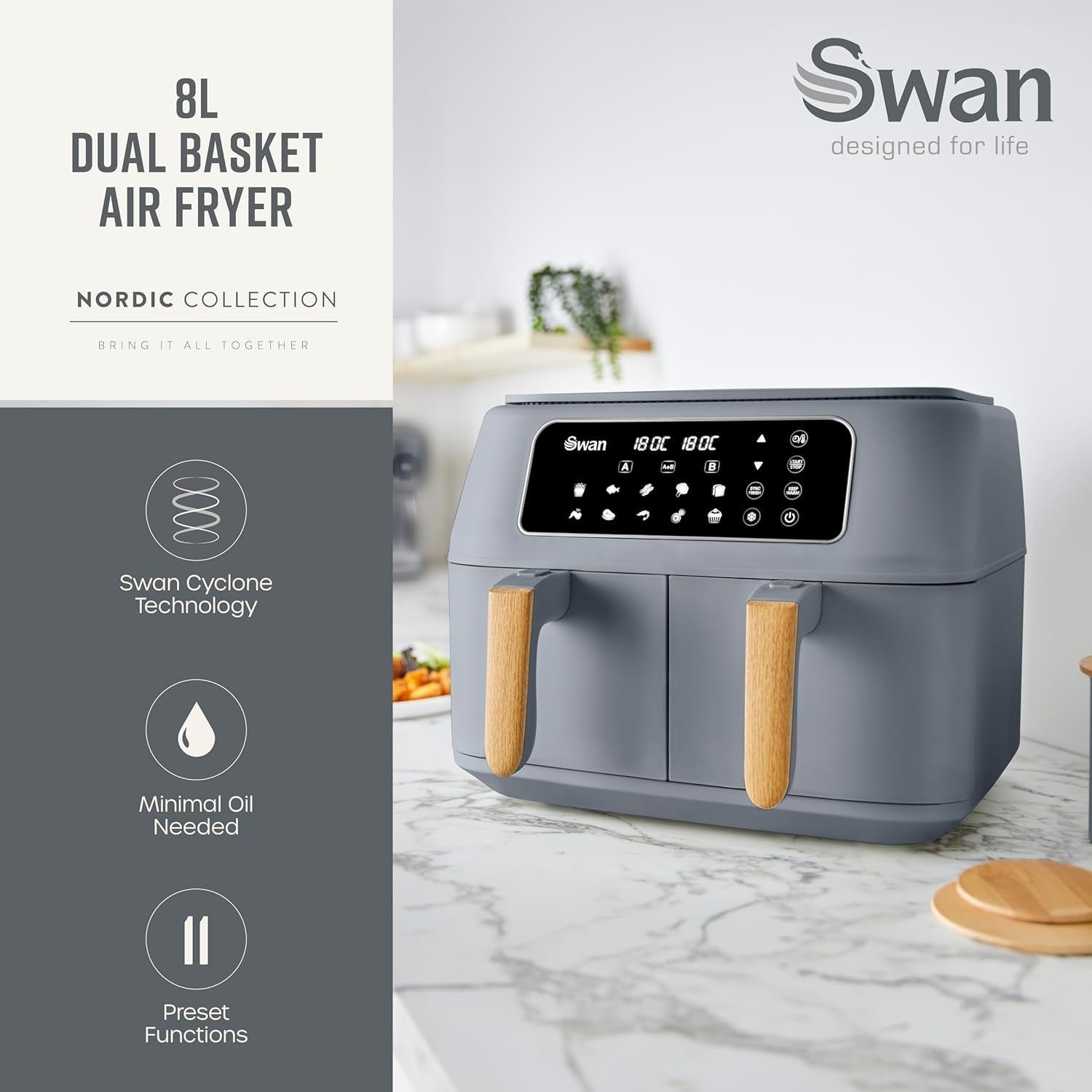 Dual Zone Air Fryer 8L | 13 Presets Fast Healthy Cooking Cyclone Tech Grey