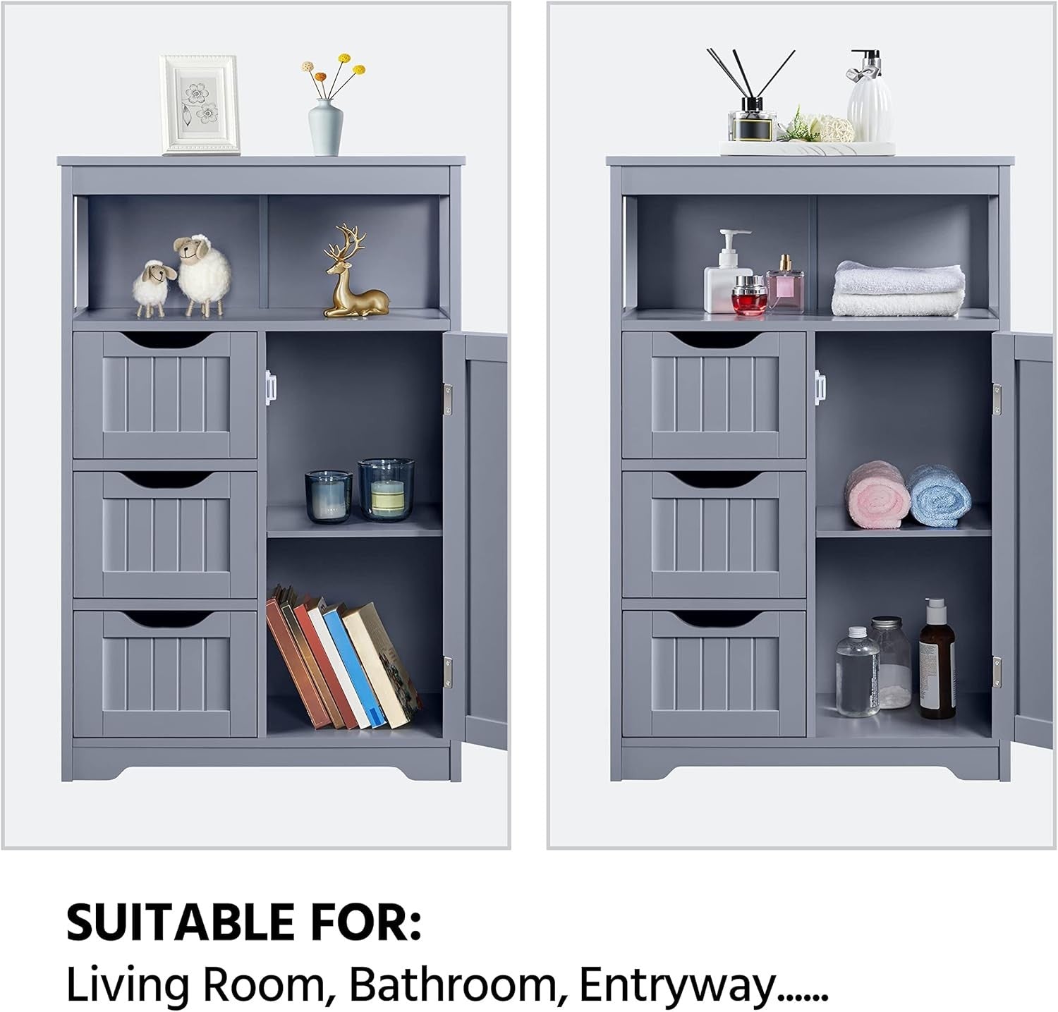 Grey Bathroom Storage Cabinet with 3 Drawers & Door Freestanding Unit