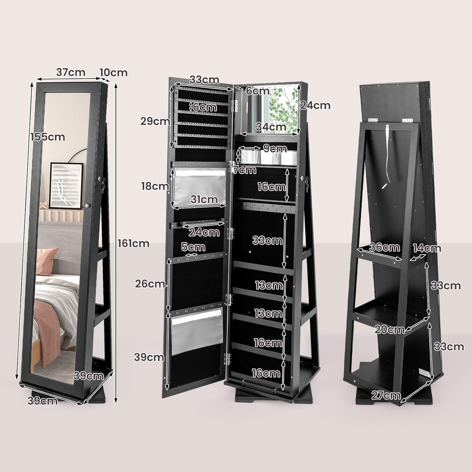 Black 360° Swivel Jewelry Cabinet Mirror Lockable 3-in-1 Storage Stand